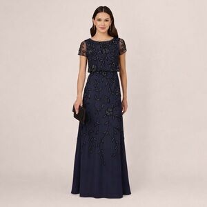 Adrianna Papell Navy Beaded Floral Gown NWT Size 22W Formal Evening Short Sleeve